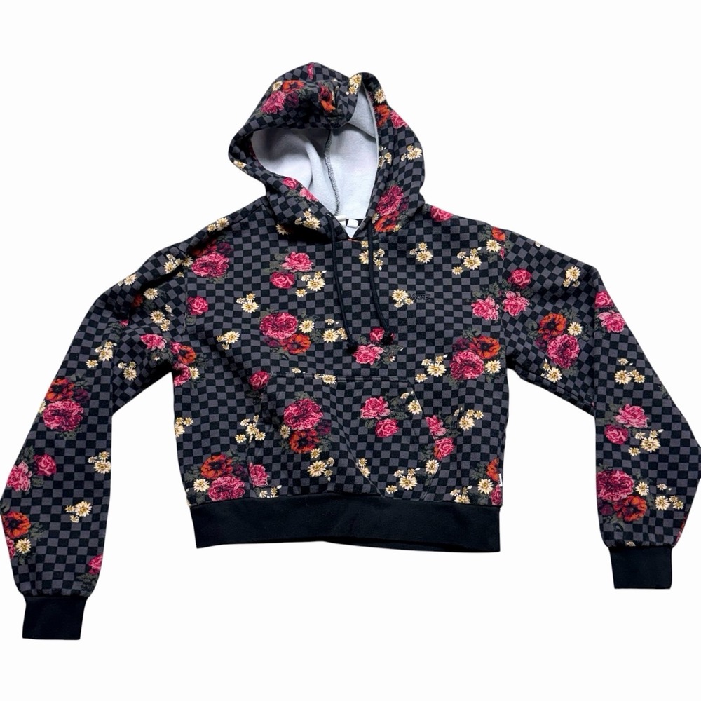 Vans Floral Checkerboard Hoodie Womens Black Pink Roses Pullover Sweatshirt XS